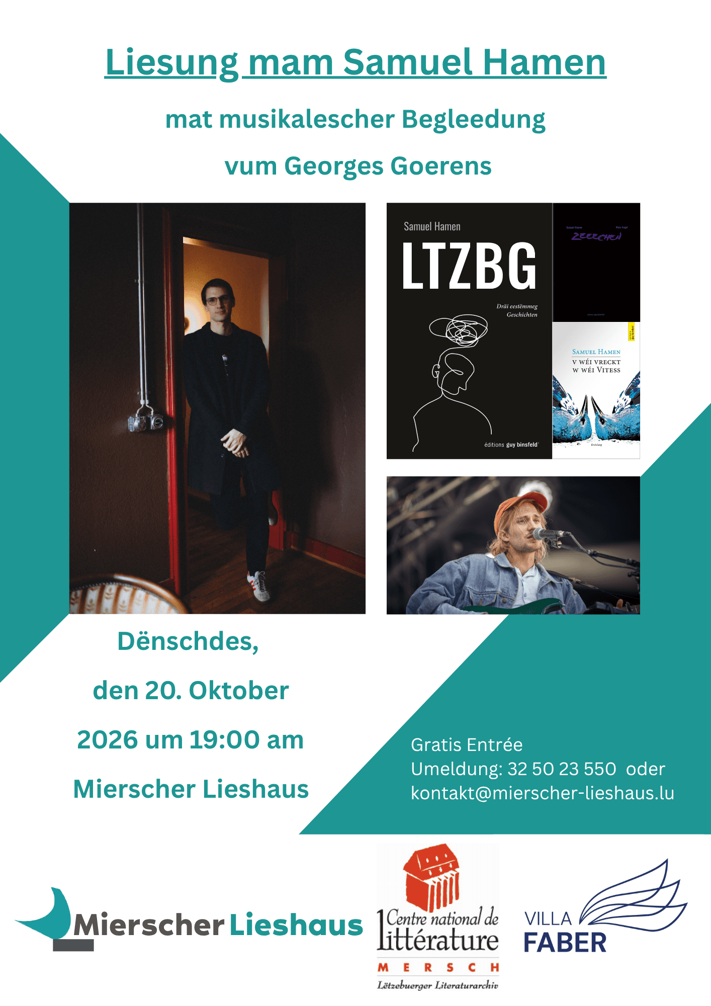 Reading by Samuel Hamen with musical accompaniment by Georges Goerens, in collaboration with the Cen