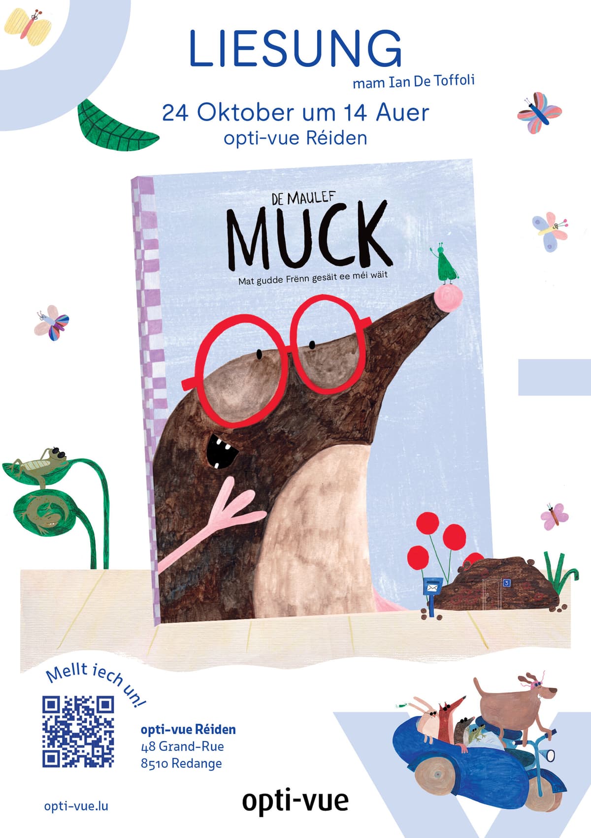 Reading of the book "De Maulef, Muck - Mat gudde Frënn gesäit ee méi wäit"