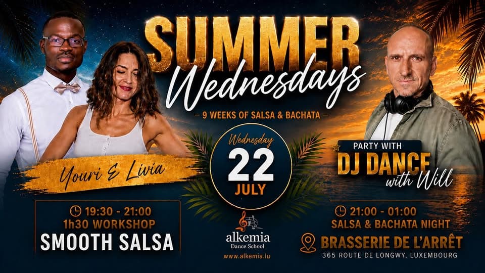 Nos mercredis salsa & bachata de l'été. 1 workshop de profs différents chaque mercredi. Et Dj Will