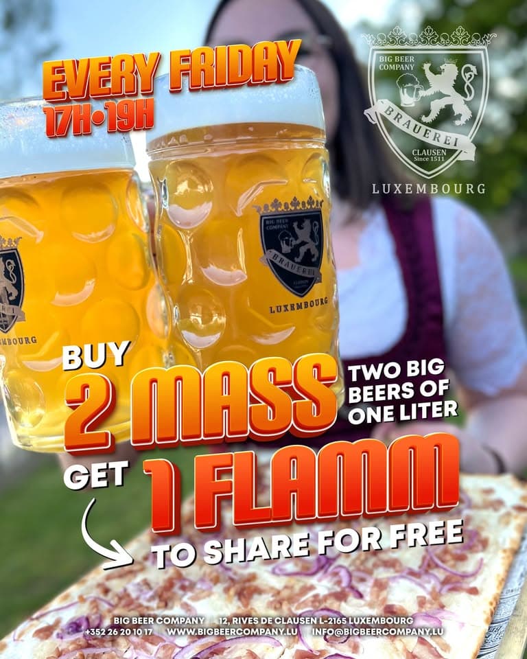 Buy 2 Maß (2 large 1-litre beers) and receive 1 free Flammkuchen