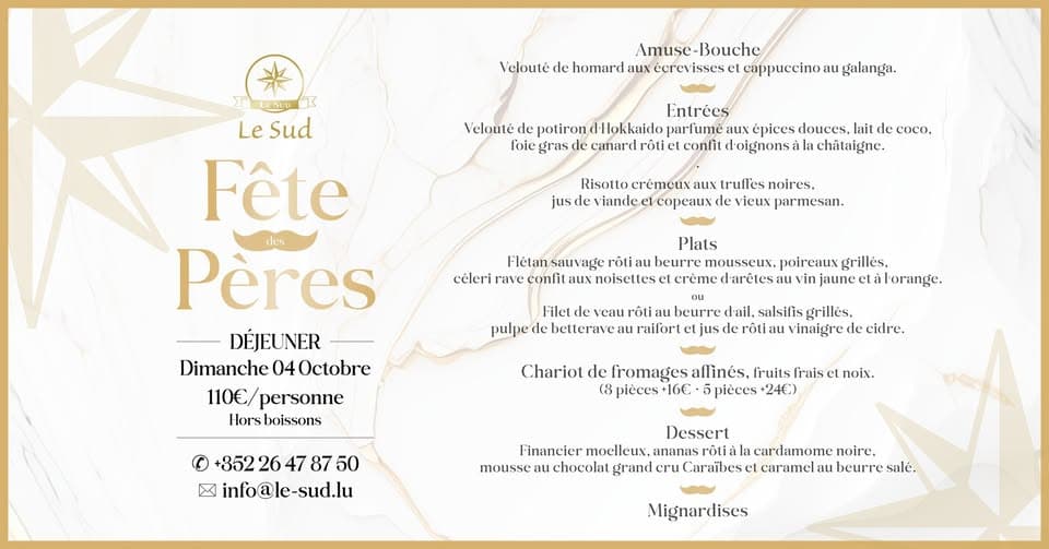 Menu de la Fête des Pères – Restaurant Gastronomique Le Sud Luxembourg