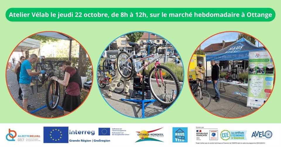 Information, bicycle collection and repair stand in Ottange (Interreg Vélab project)